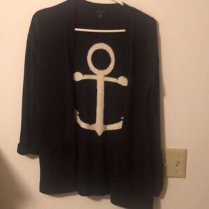 Navy blue and white cardigan sweater